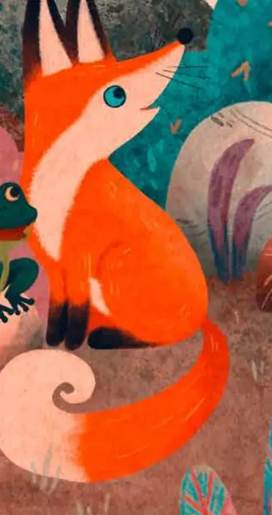Illustration: der kleine Fuchs Rudi sitzt aufrecht und blickt nach oben