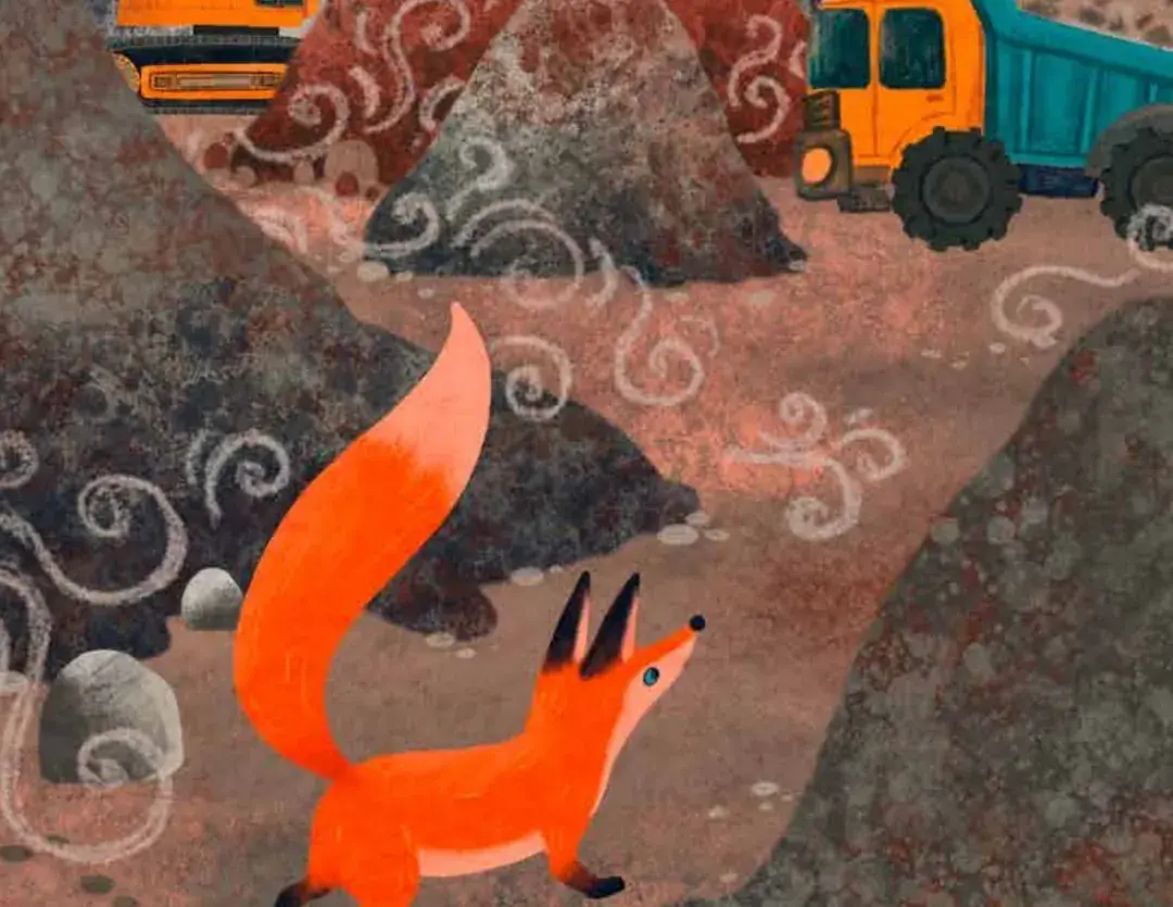 Illustration: der kleine Fuchs Rudi läuft durch ein Kieswerk zwischen Kiesbergen, im Hintergrund ein Lastwagen