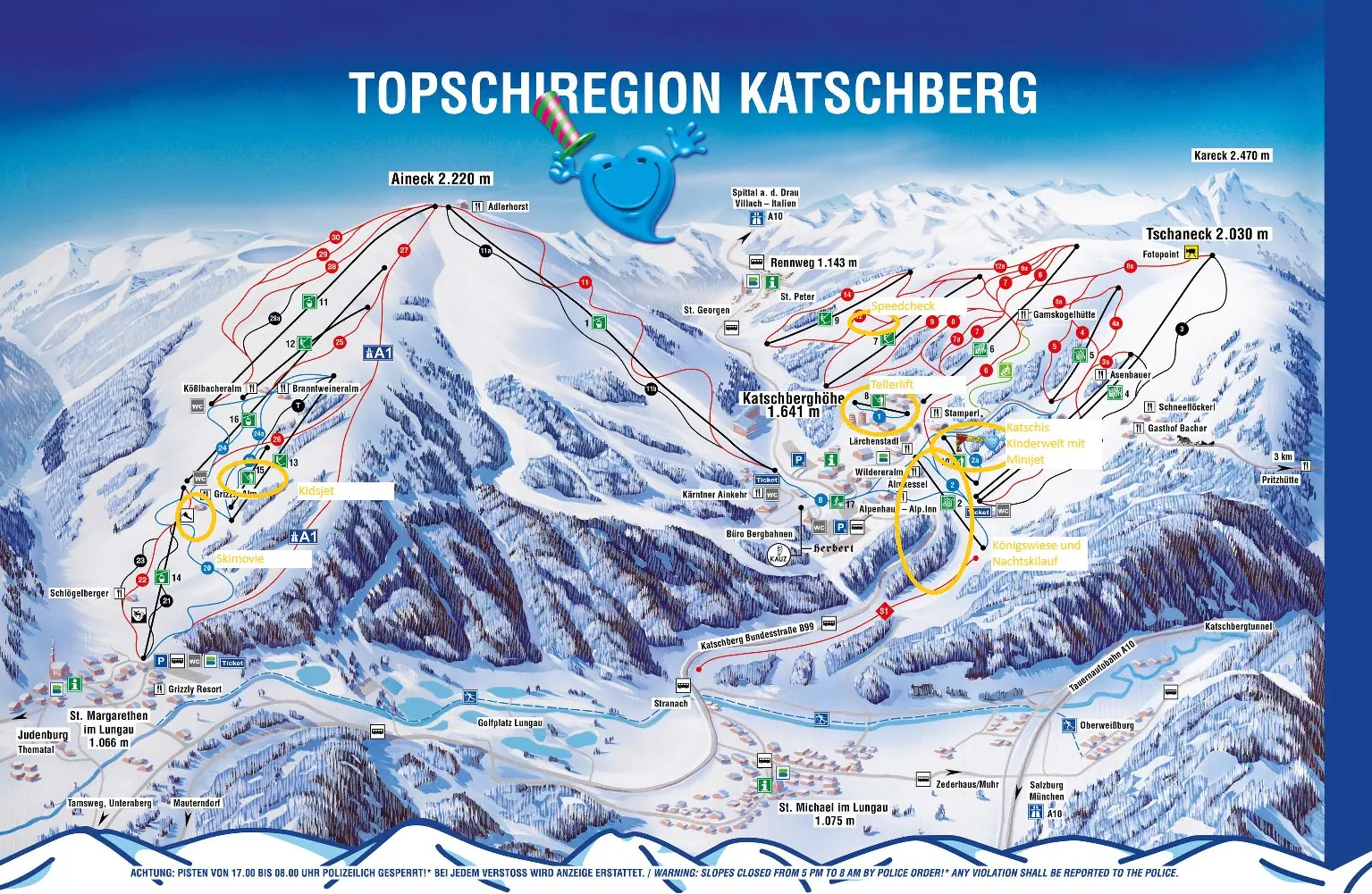Pistenplan Topschiregion Katschberg mit Kidsjet, Skimovie, Speedcheck, Tellerlift, Katschis Kinderwelt und Königswiese